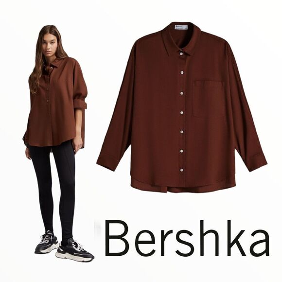 BERSHKA | Brown | Oversize LONG SLEEVE SHIRT with pocket - Picture 1 of 10